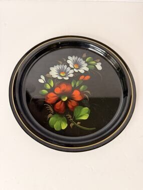 Russian Tole Black Metal Tray Plate Floral Hand Painted 7 Inches